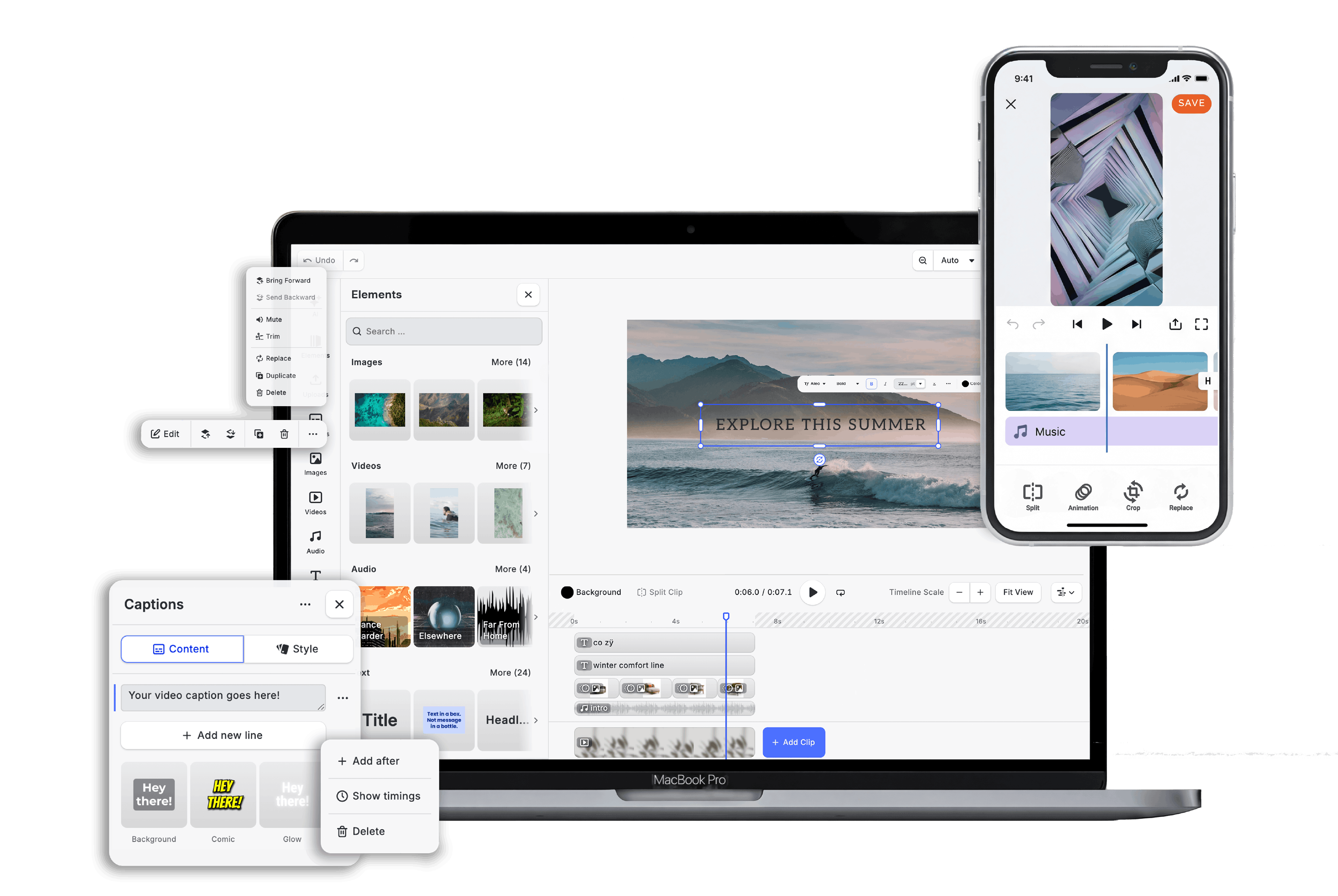 Video editor interface showing timeline, preview and media panels